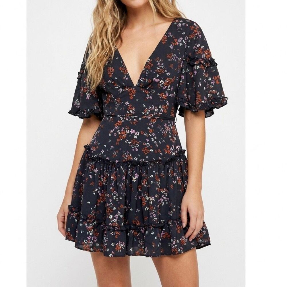 VICI Y2K Dark Coquette Black Floral Fairycore Open Back Ruffle Mini Dress Small